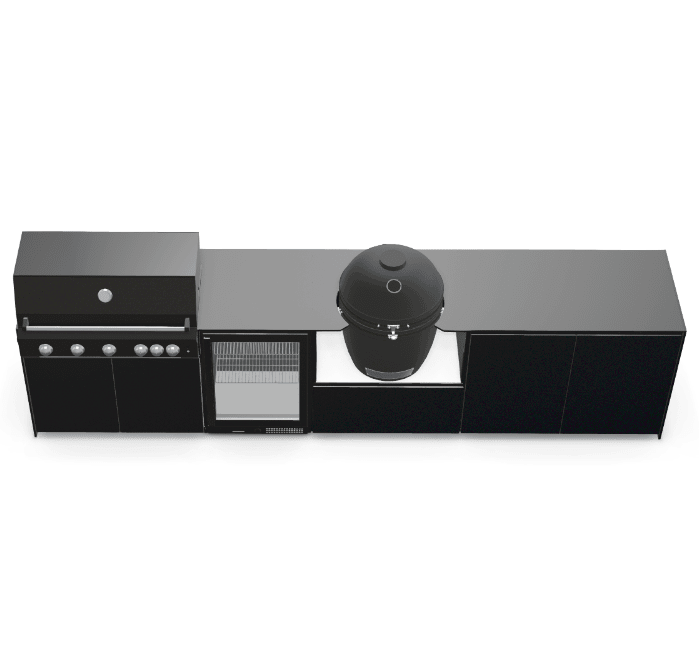 Fontana Ignes Outdoor Modular Kitchen – 5 Burner Gas BBQ, Fridge, 24″ Kamado, and Double-Door Plus Storage in Noir Avenue