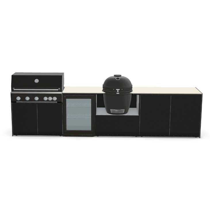 Fontana Ignes Outdoor Modular Kitchen – 5 Burner Gas BBQ, Fridge, 24″ Kamado, and Double-Door Plus Storage in Noir Avenue