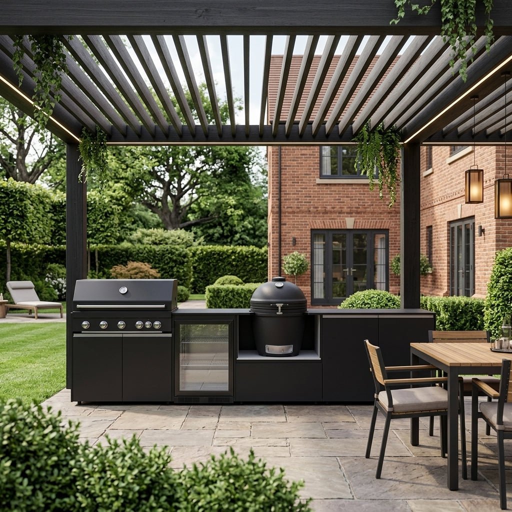Fontana Ignes Outdoor Modular Kitchen – 5 Burner Gas BBQ, Fridge, 24″ Kamado, and Double-Door Plus Storage in White Boulevard