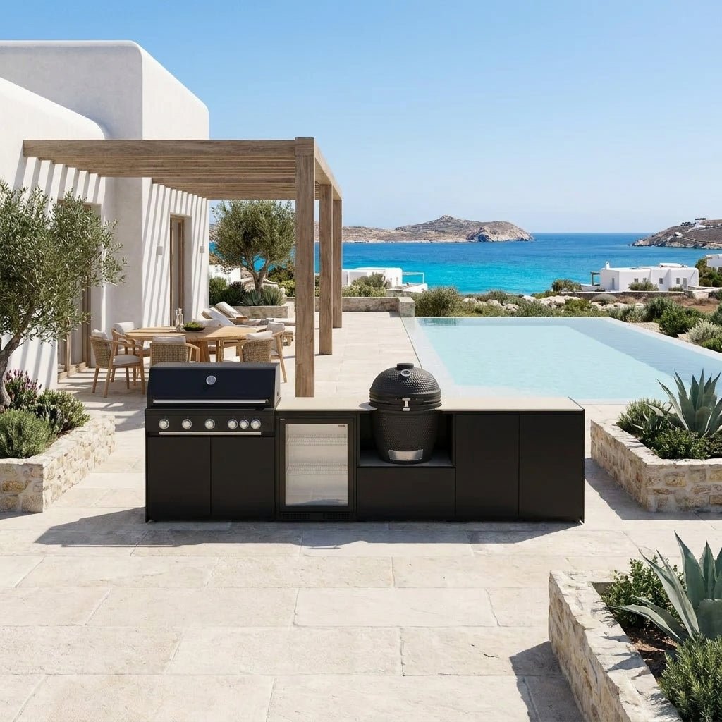 Fontana Ignes Outdoor Modular Kitchen – 5 Burner Gas BBQ, Fridge, 24″ Kamado, and Double-Door Plus Storage in White Boulevard