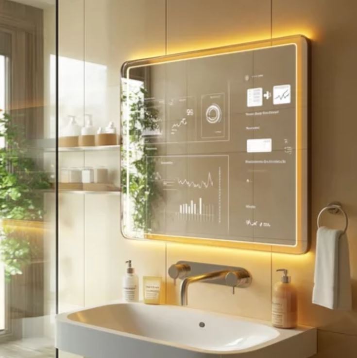 An LED smart bathroom mirror with a digital display.