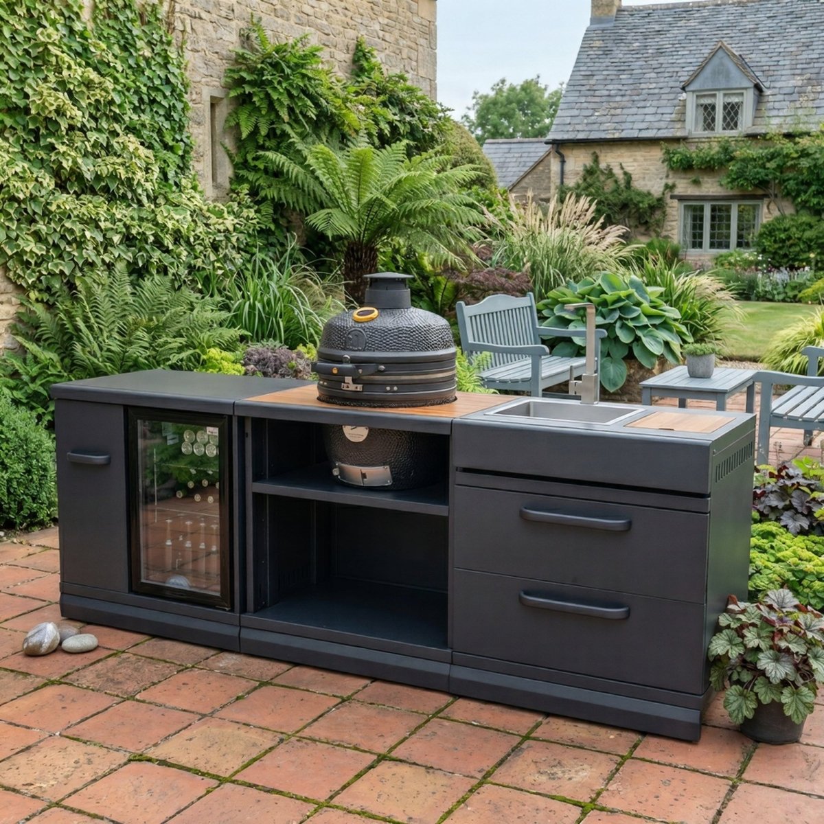 GRLLR Outdoor Kitchen - Ember Classic 18 inch Kamado, Fridge and Sink in Black