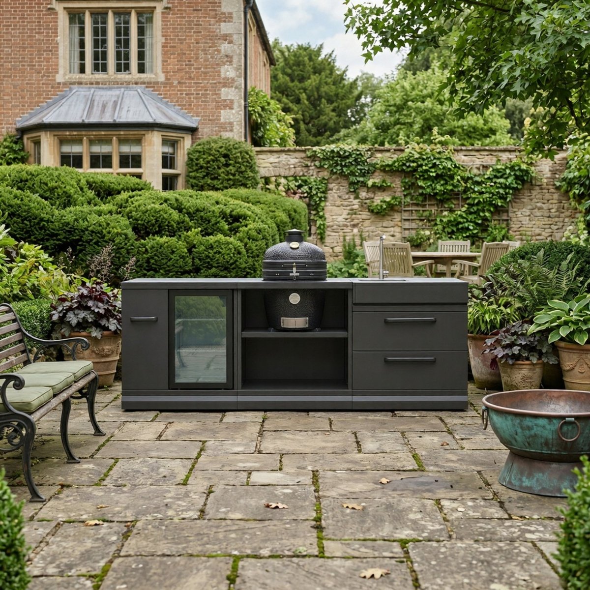 GRLLR Outdoor Kitchen - Ember Classic 18 inch Kamado, Fridge and Sink in Black