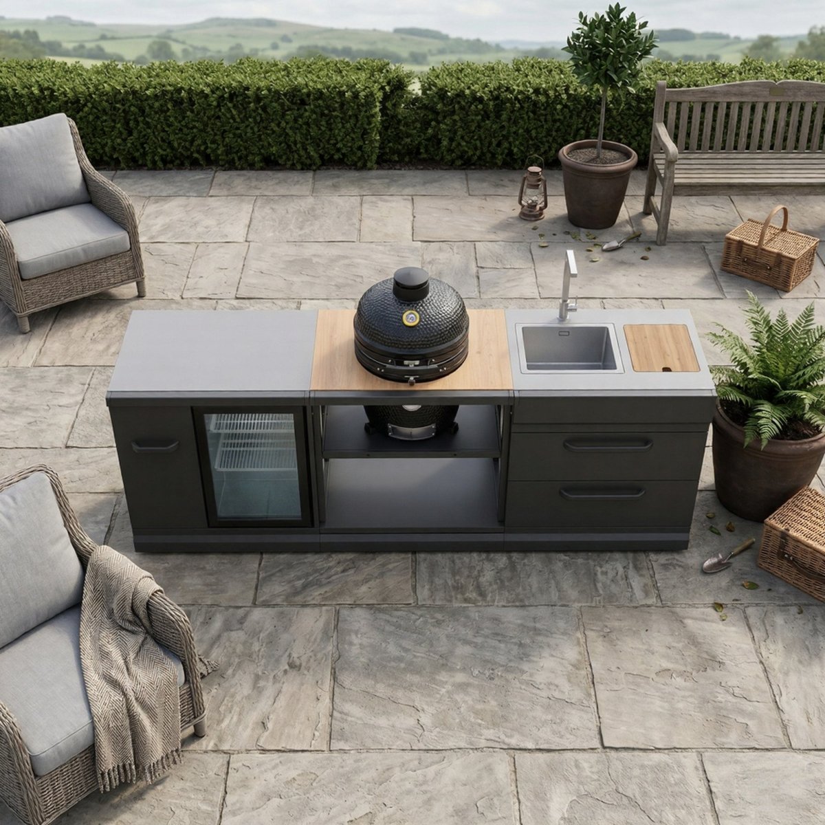 GRLLR Outdoor Kitchen - Ember Classic 18 inch Kamado, Fridge and Sink in Black