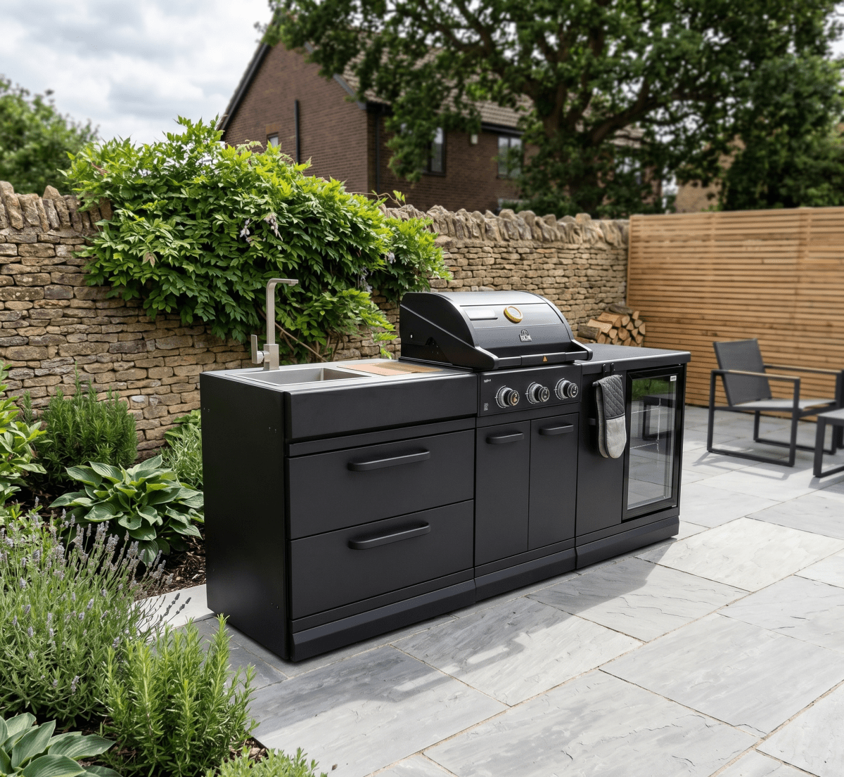 GRLLR Outdoor Kitchen - G3S 3 Burner BBQ, Fridge and Sink in Black