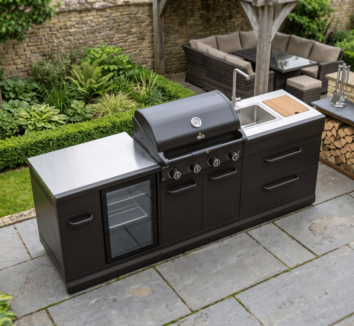 GRLLR Outdoor Kitchen - G4S 4 Burner BBQ, Fridge and Sink in Black