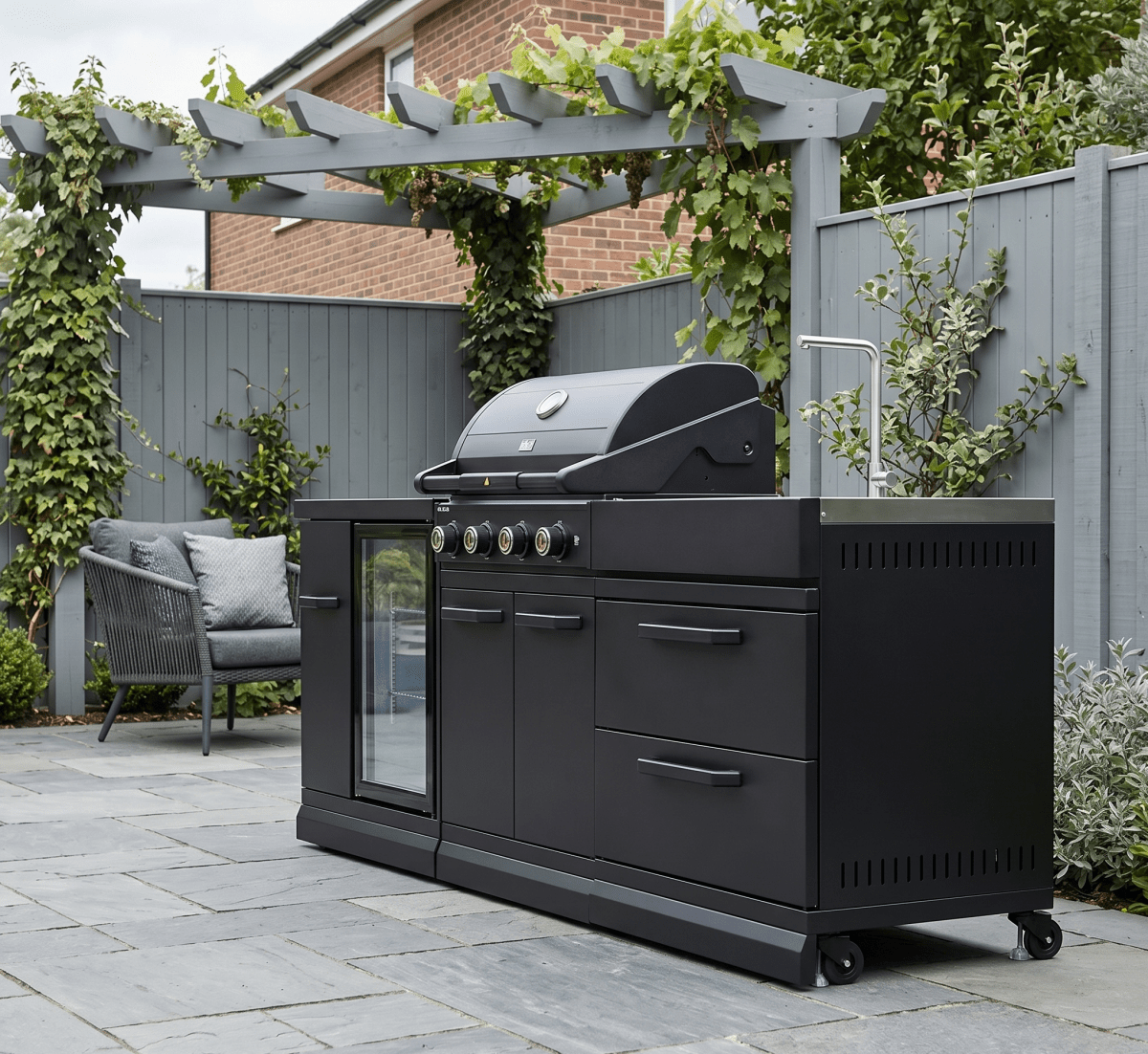 GRLLR Outdoor Kitchen - G4S 4 Burner BBQ, Fridge and Sink in Black