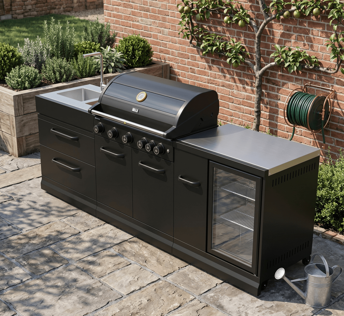 GRLLR Outdoor Kitchen - G5S 5 Burner BBQ, Fridge and Sink in Black
