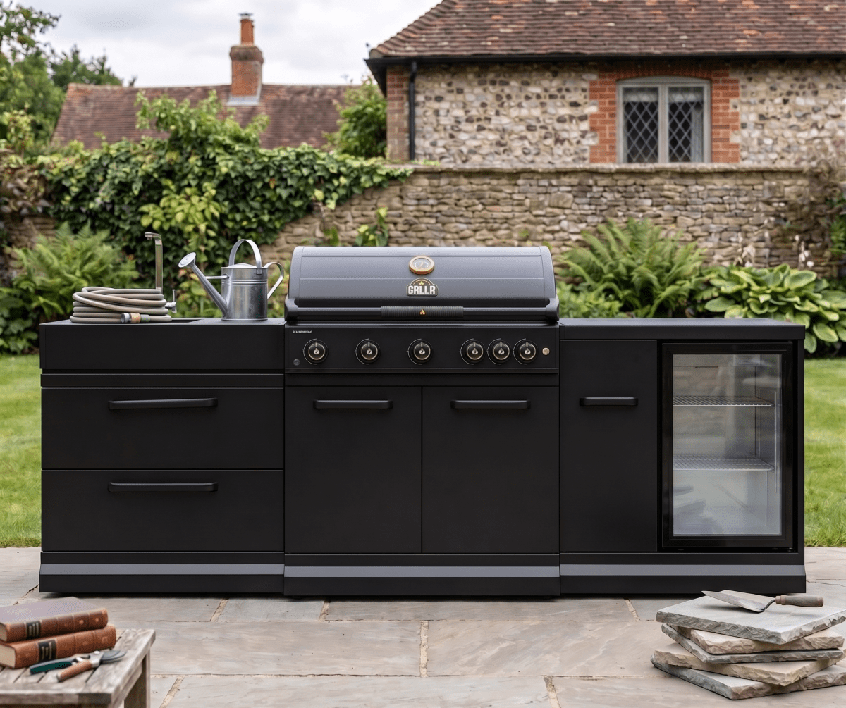 GRLLR Outdoor Kitchen - G5S 5 Burner BBQ, Fridge and Sink in Black