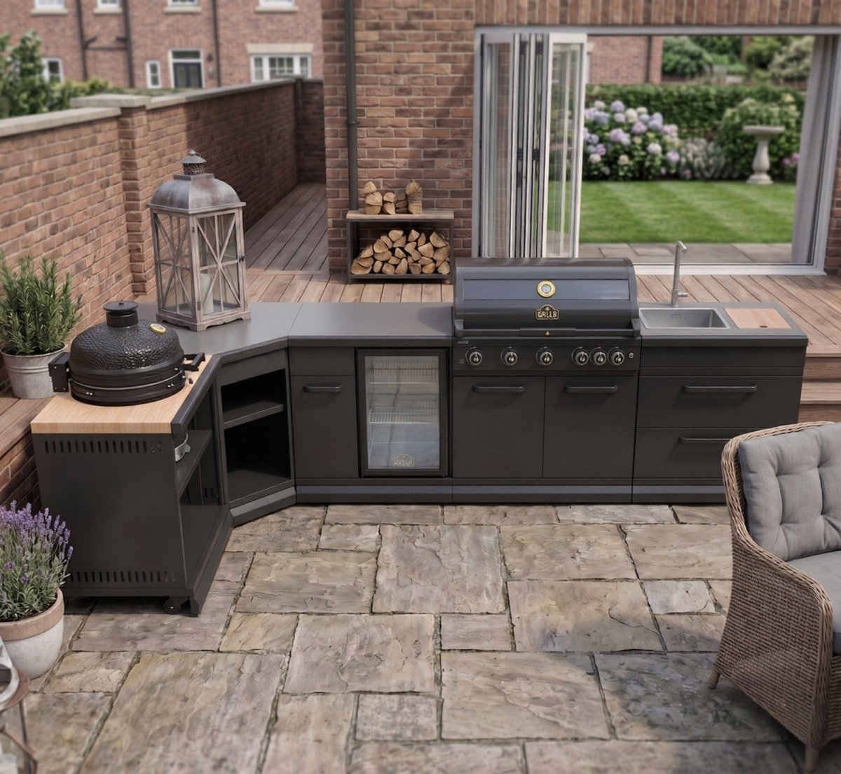GRLLR Outdoor Kitchen - G5S 5 Burner BBQ, Fridge, Sink and Kamado Unit in Black