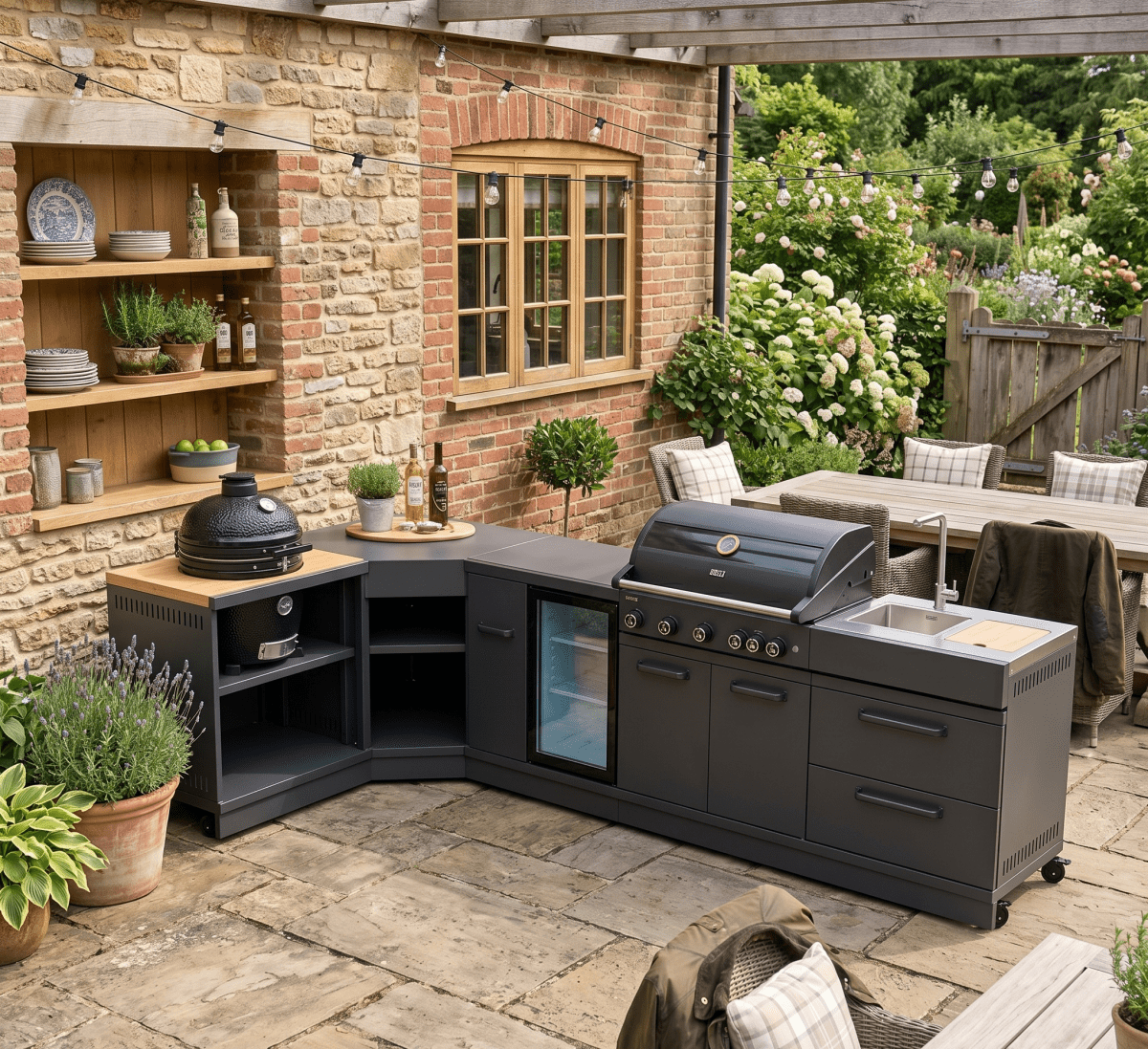 GRLLR Outdoor Kitchen - G5S 5 Burner BBQ, Fridge, Sink and Kamado Unit in Black