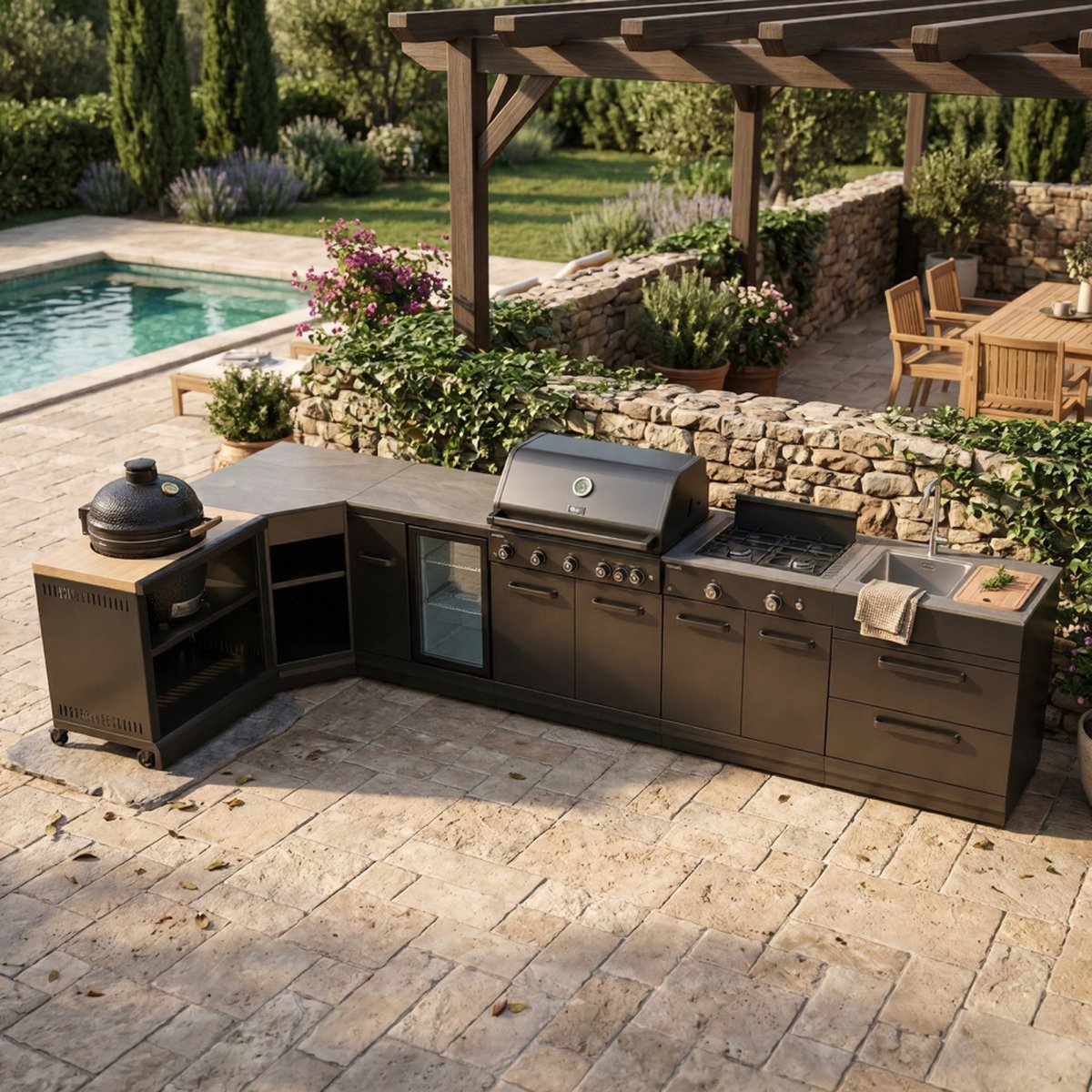 GRLLR Outdoor Kitchen - G5S 5 Burner BBQ, Stove, Fridge, Sink and Kamado Unit in Black