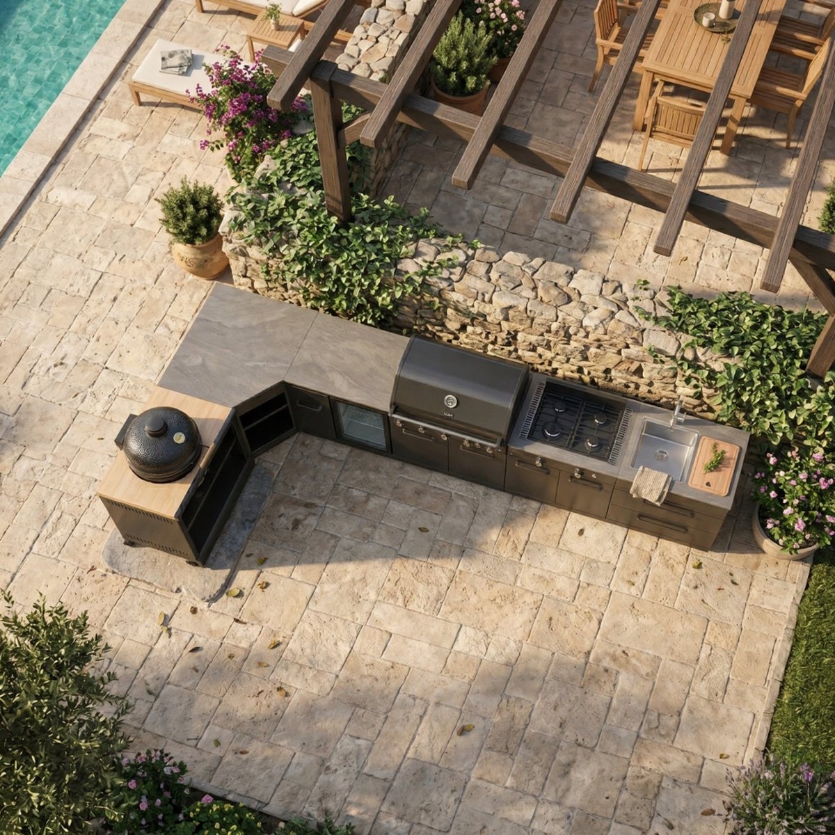 GRLLR Outdoor Kitchen - G5S 5 Burner BBQ, Stove, Fridge, Sink and Kamado Unit in Black
