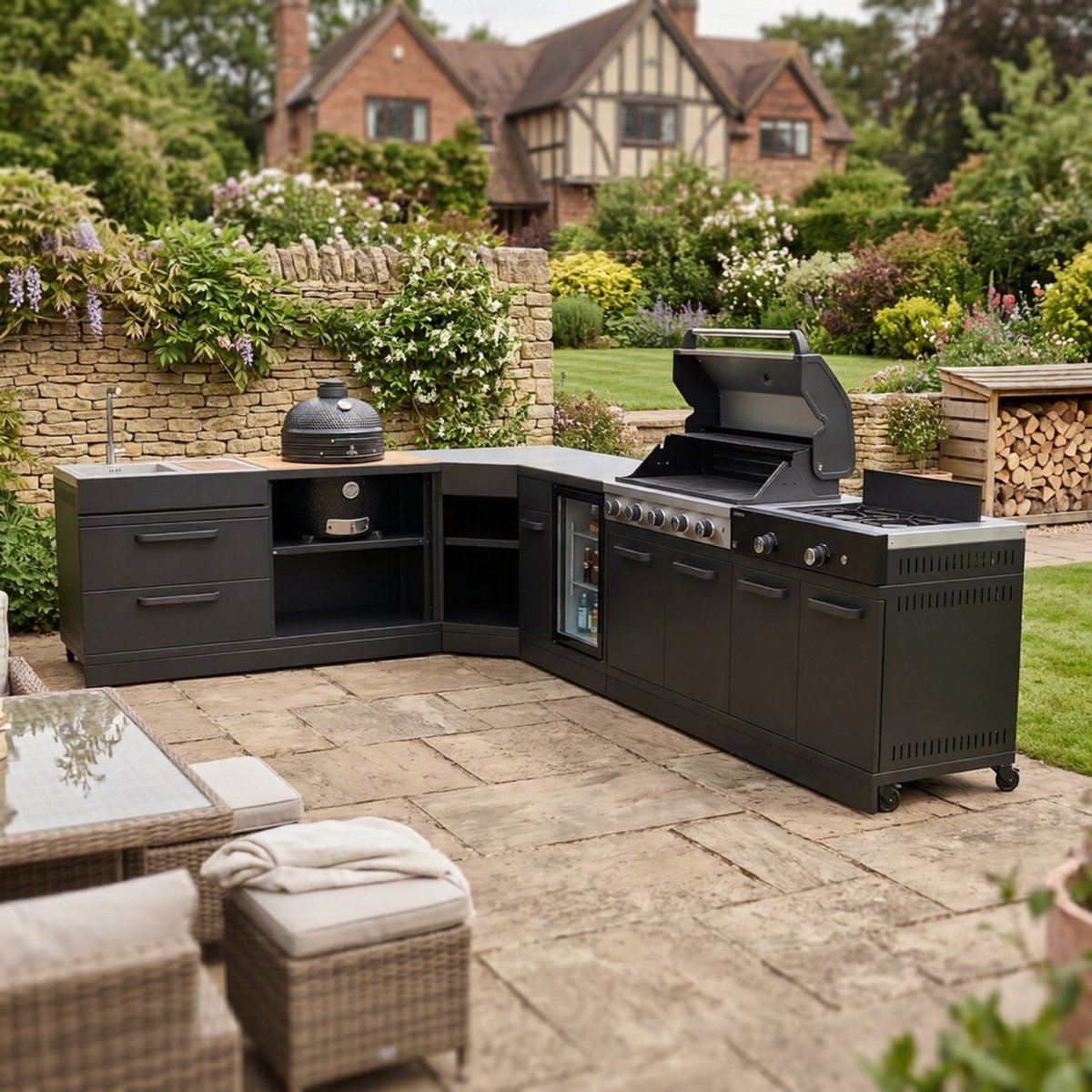 GRLLR Outdoor Kitchen - G5S 5 Burner BBQ, Stove, Sink, Fridge and Kamado Unit in Black