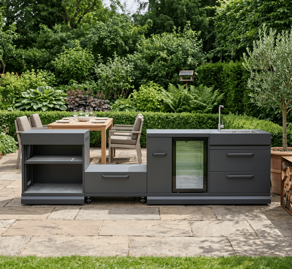 GRLLR Outdoor Kitchen - Kamado Station, Fridge, Sink and Expansion Unit in Black