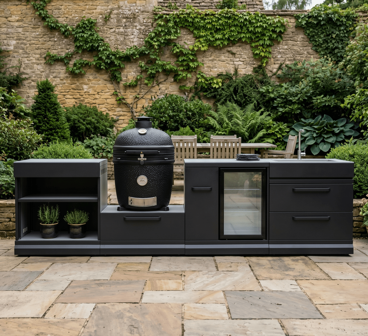 GRLLR Outdoor Kitchen - Kamado Station, Fridge, Sink and Expansion Unit in Black