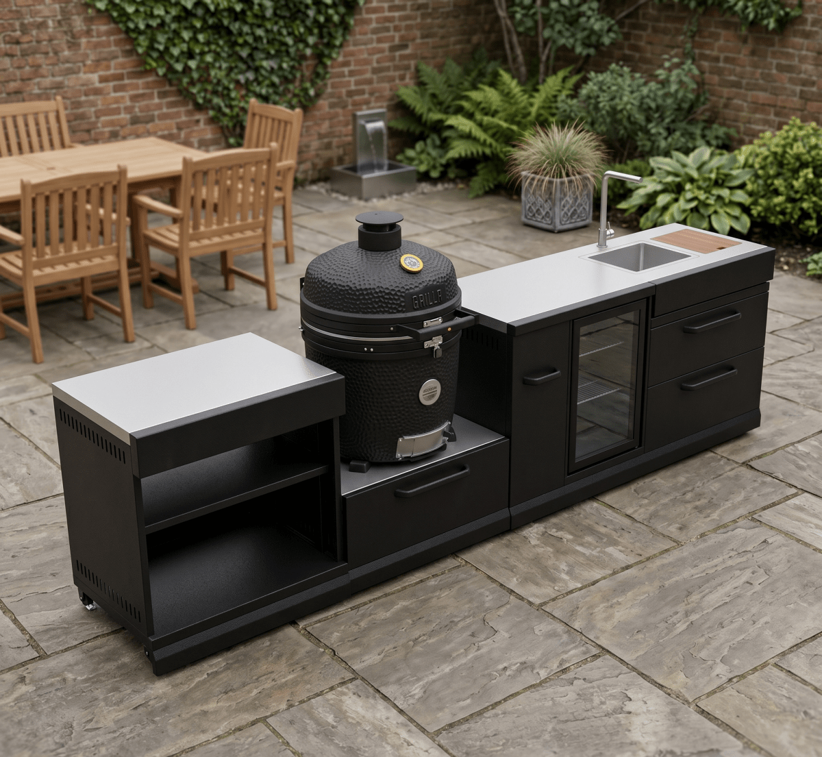 GRLLR Outdoor Kitchen - Kamado Station, Fridge, Sink and Expansion Unit in Black