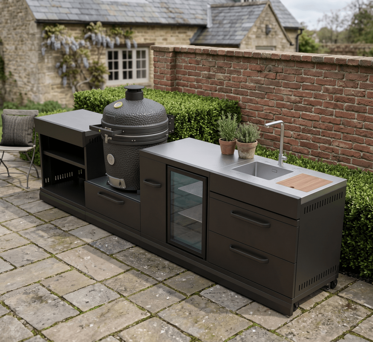 GRLLR Outdoor Kitchen - Kamado Station, Fridge, Sink and Expansion Unit in Black