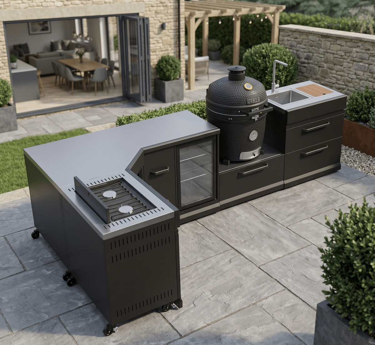 GRLLR Outdoor Kitchen - Kamado Station, Stove, Fridge and Sink in Black