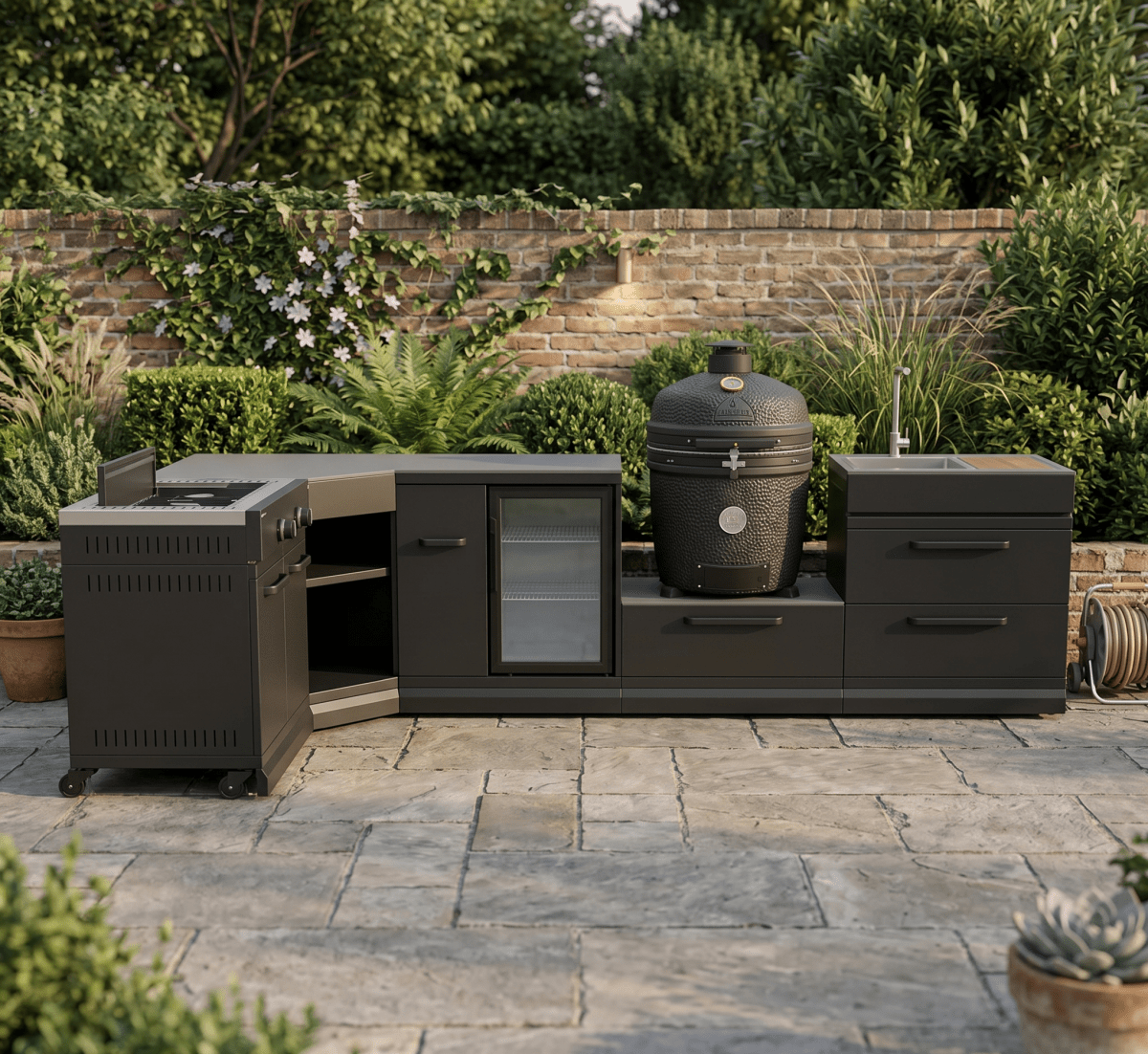 GRLLR Outdoor Kitchen - Kamado Station, Stove, Fridge and Sink in Black