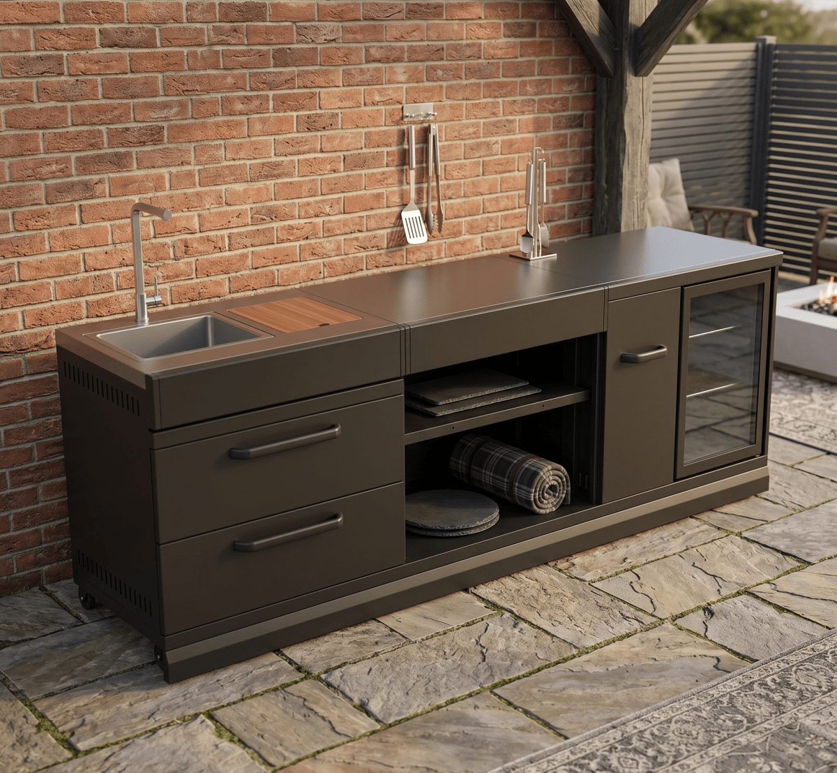 GRLLR Outdoor Kitchen with Fridge, Sink and Expansion Unit in Black