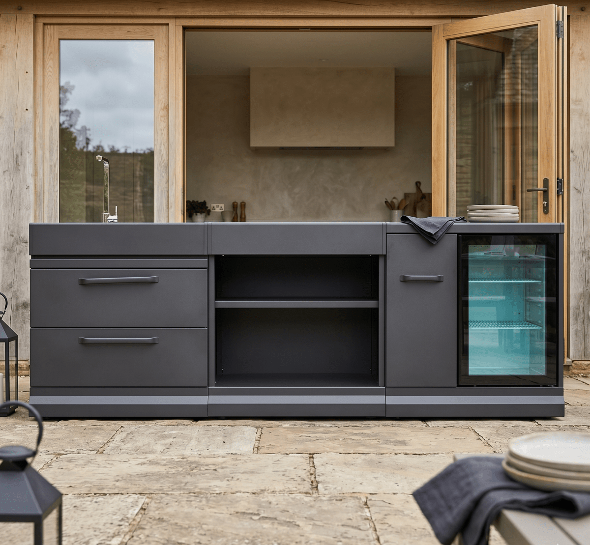 GRLLR Outdoor Kitchen with Fridge, Sink and Expansion Unit in Black