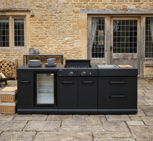 GRLLR Outdoor Kitchen with Stove, Fridge and Sink in Black