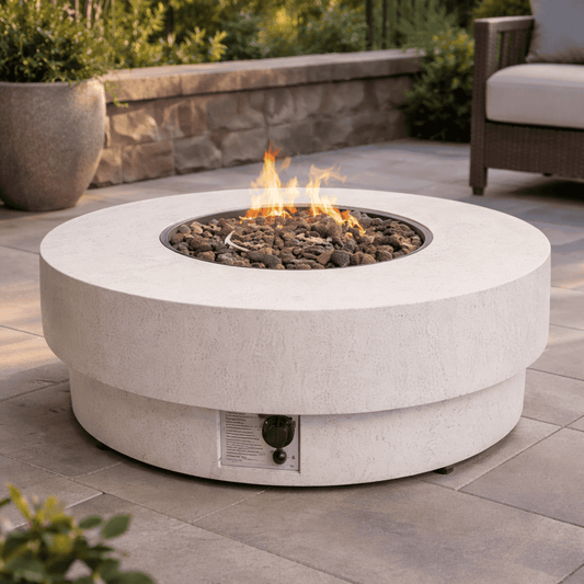 Happy Cocooning Estate Round 105 Gas Fire Table - outdoor fireplaces - Ice Cold Spice | Travertine