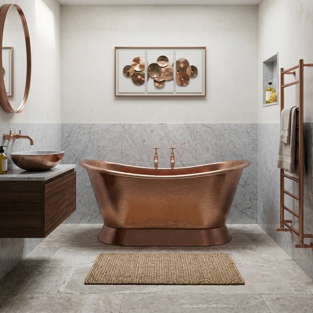 Hurlingham Baths Hammered Copper Bateau Freestanding Bath in Copper