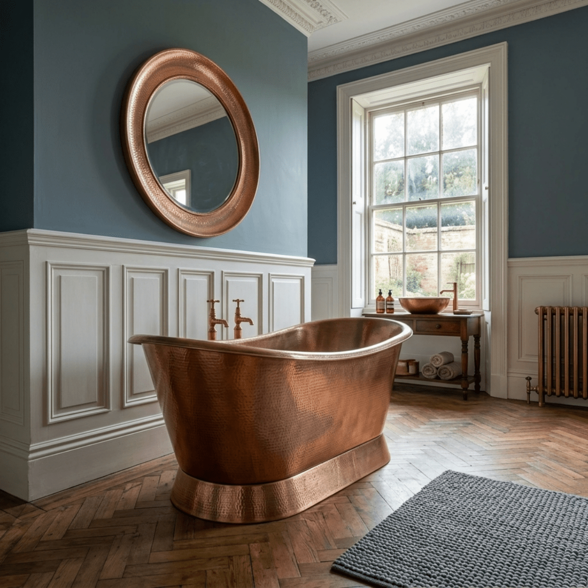 Hurlingham Baths Hammered Copper Bateau Freestanding Bath in Copper