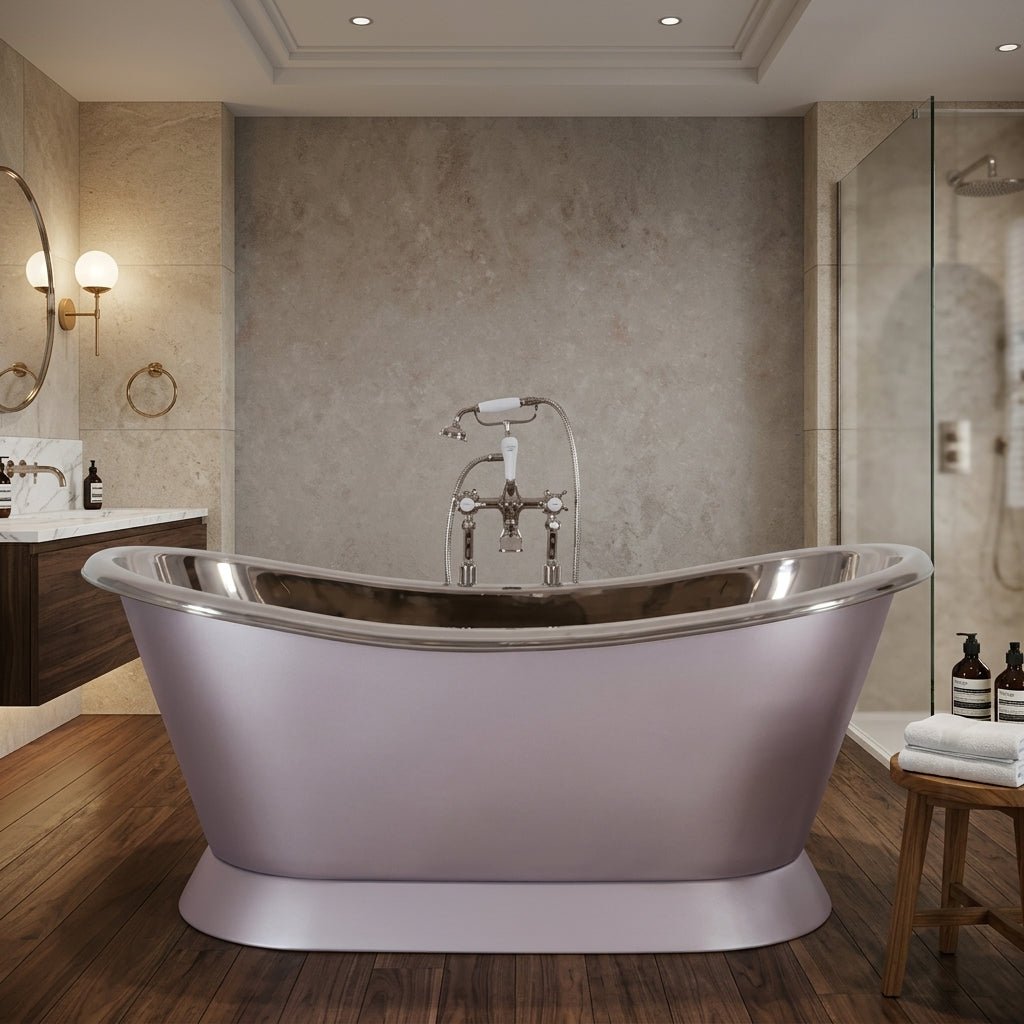 Hurlingham Copper Bateau with Nickel Interior Freestanding Bath in Robersons Silver Blush
