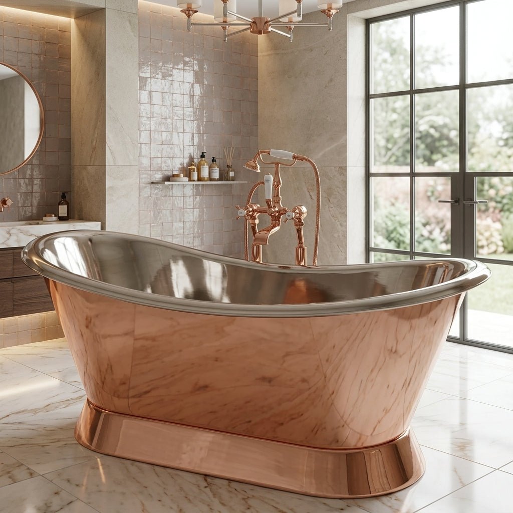 Hurlingham Copper Bateau with Nickel Interior Freestanding Bath in Robersons Silver Blush