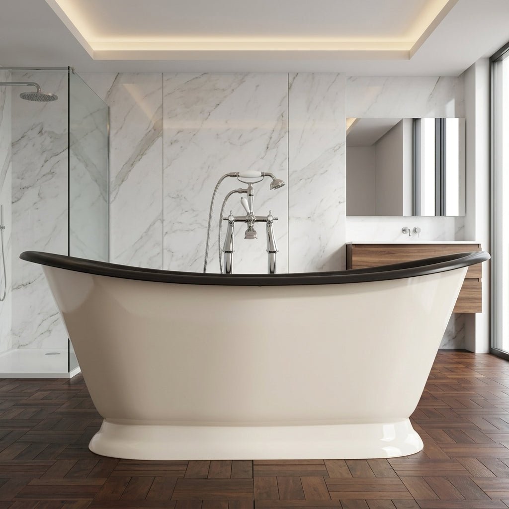Hurlingham Galleon Cast Iron Bath in Clunch with Leather Rim in Clunch with Leather Rim