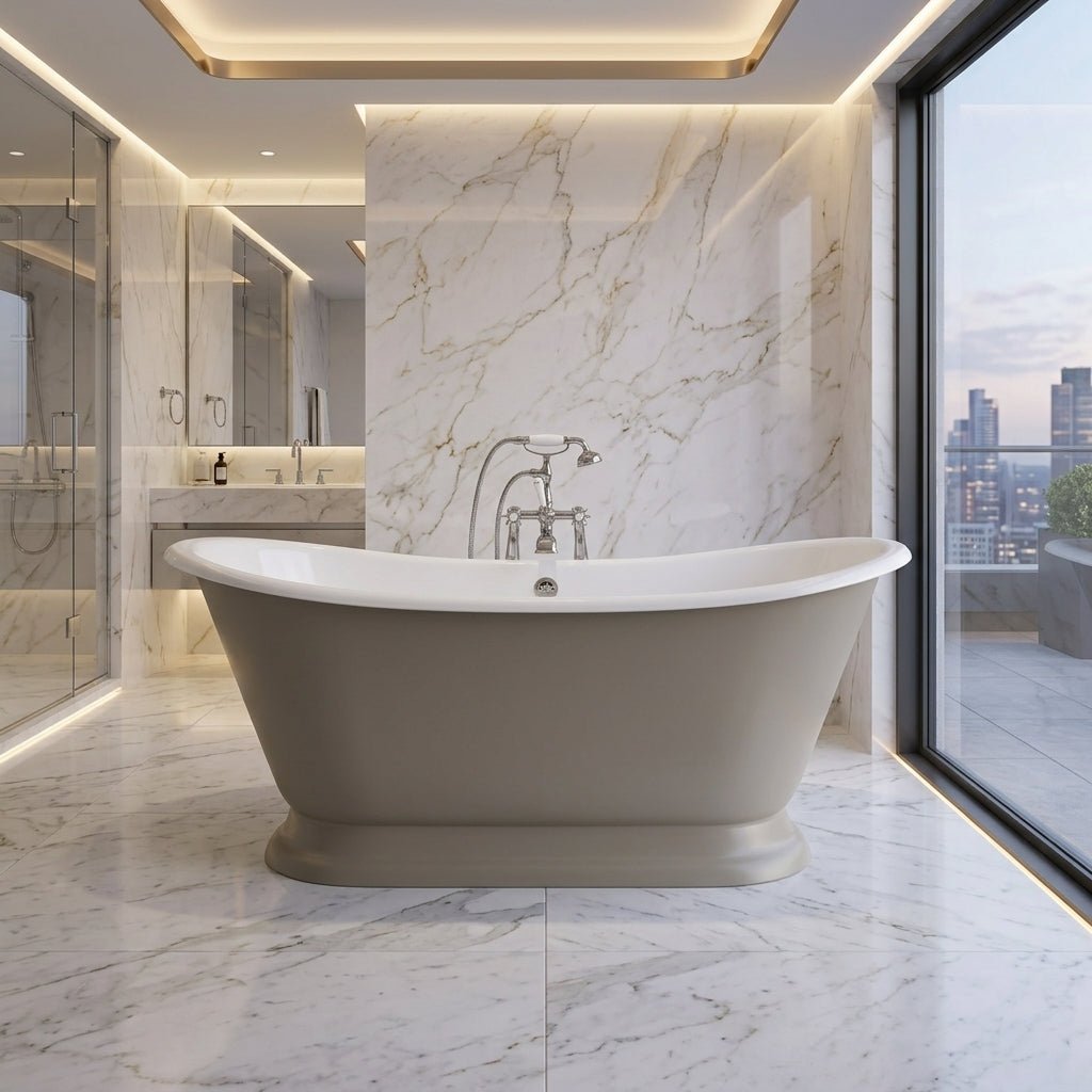 Hurlingham Galleon Cast Iron Bath in Farrow and Ball Hardwick White in Farrow and Ball Hardwick White