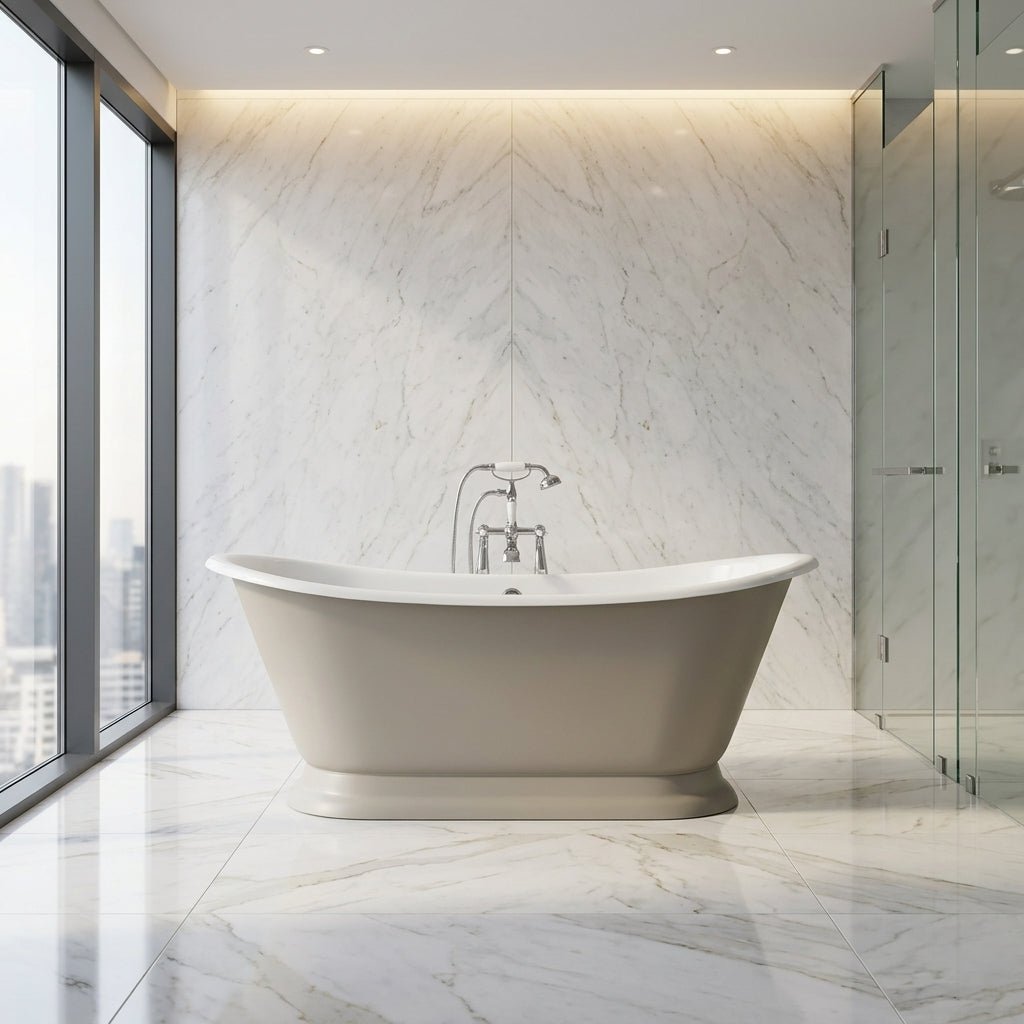 Hurlingham Galleon Cast Iron Bath in Farrow and Ball Hardwick White in Farrow and Ball Hardwick White