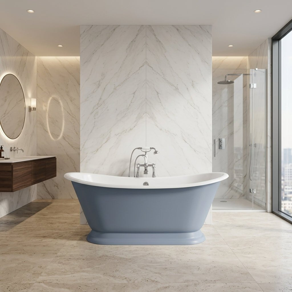Hurlingham Galleon Cast Iron Bath in Farrow and Ball Lulworth Blue in Farrow and Ball Lulworth Blue