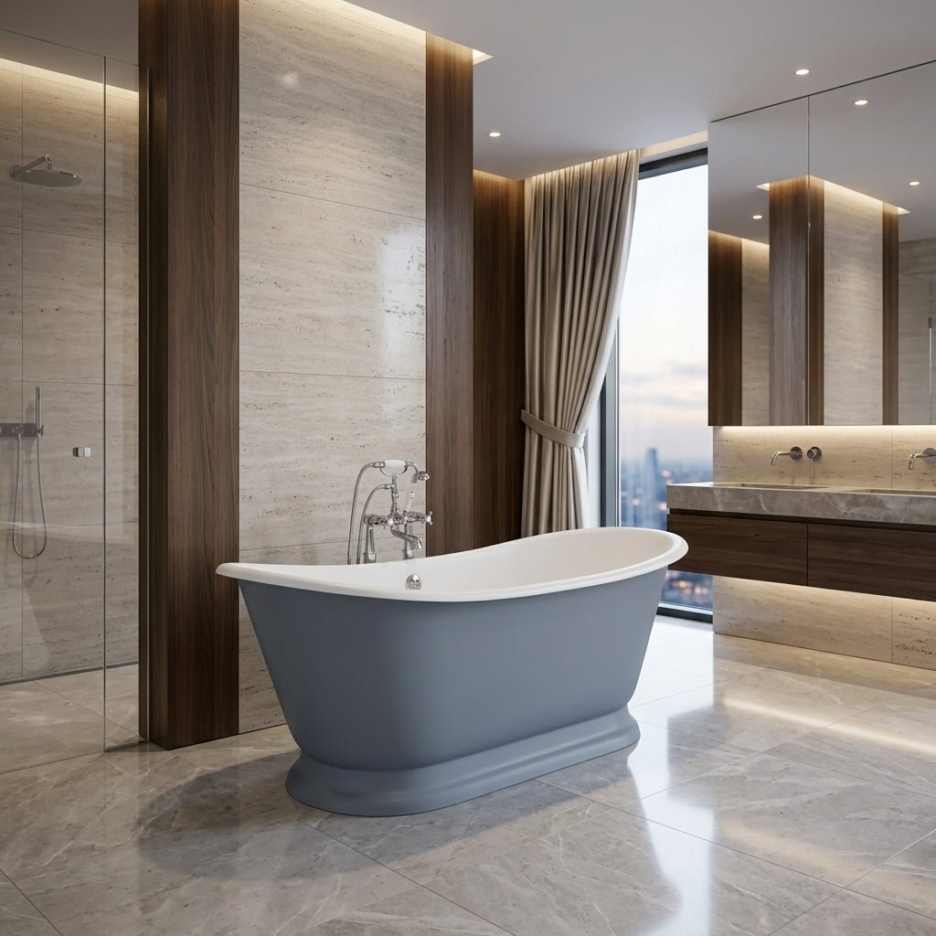 Hurlingham Galleon Cast Iron Bath in Farrow and Ball Lulworth Blue in Farrow and Ball Lulworth Blue