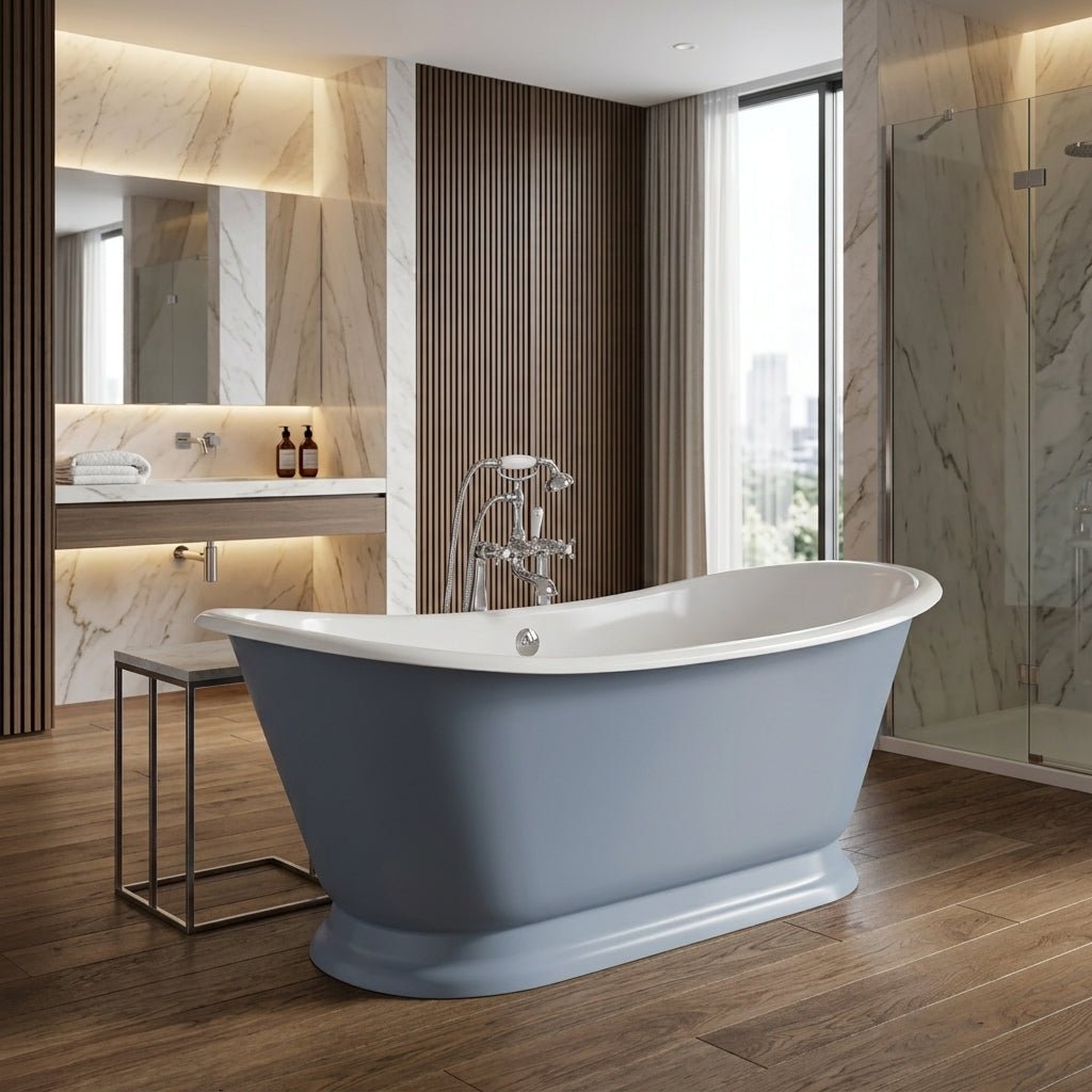 Hurlingham Galleon Cast Iron Bath in Farrow and Ball Lulworth Blue in Farrow and Ball Lulworth Blue