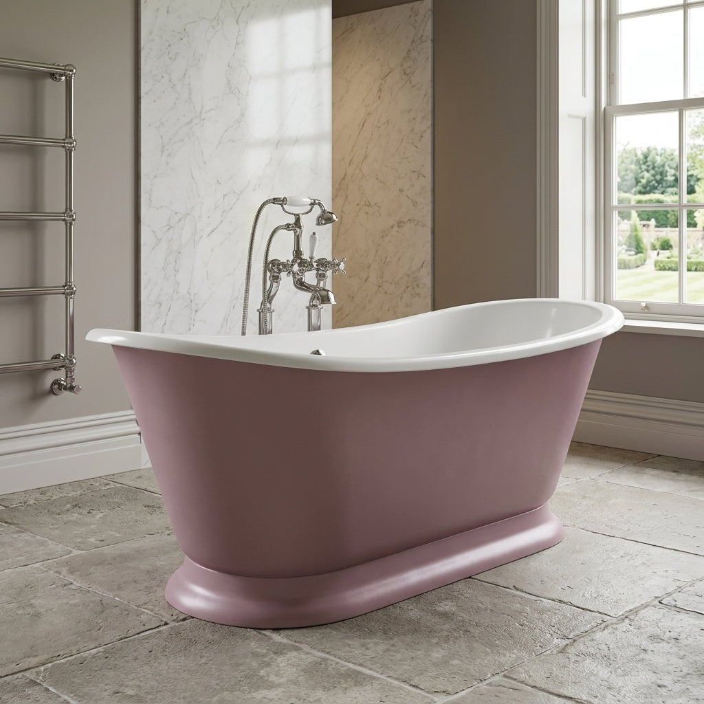 Hurlingham Galleon Cast Iron Bath in Pink Leaf Hand Gilded in Pink Leaf Hand Glided