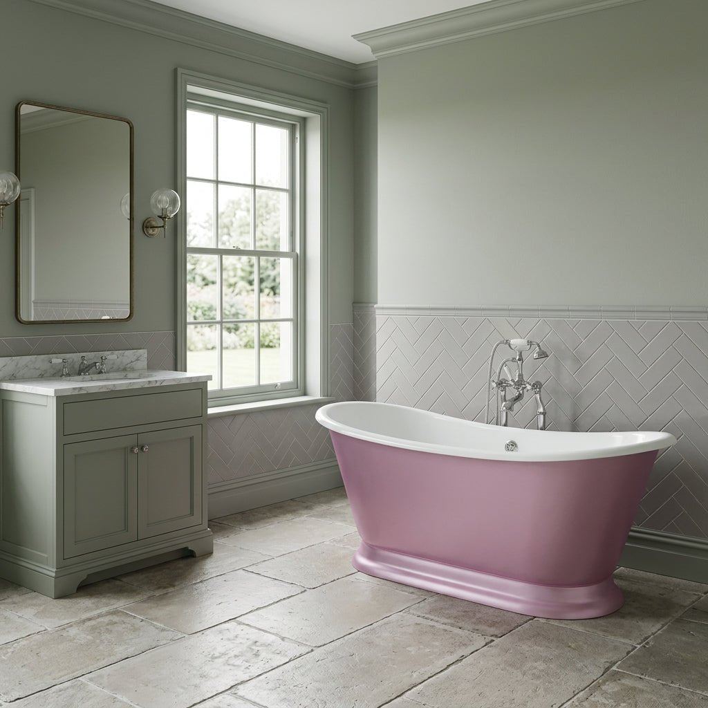 Hurlingham Galleon Cast Iron Bath in Pink Leaf Hand Gilded in Pink Leaf Hand Glided