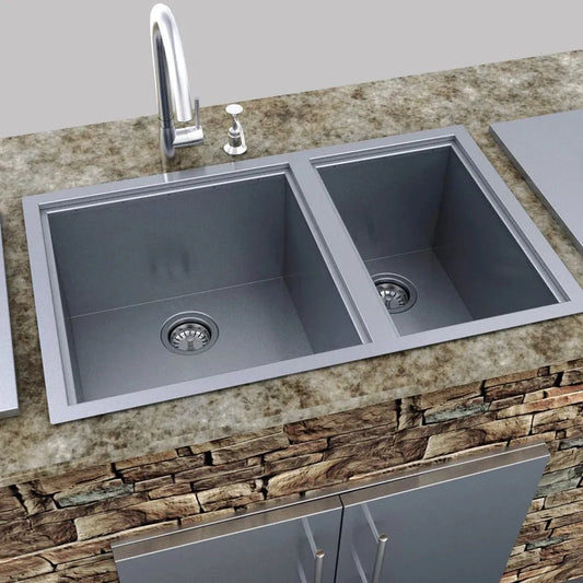 Sunstone Outdoor Kitchens Double Water Sink with Covers - outdoor grill - Ice Cold Spice | Light Brushed Stainless Steel