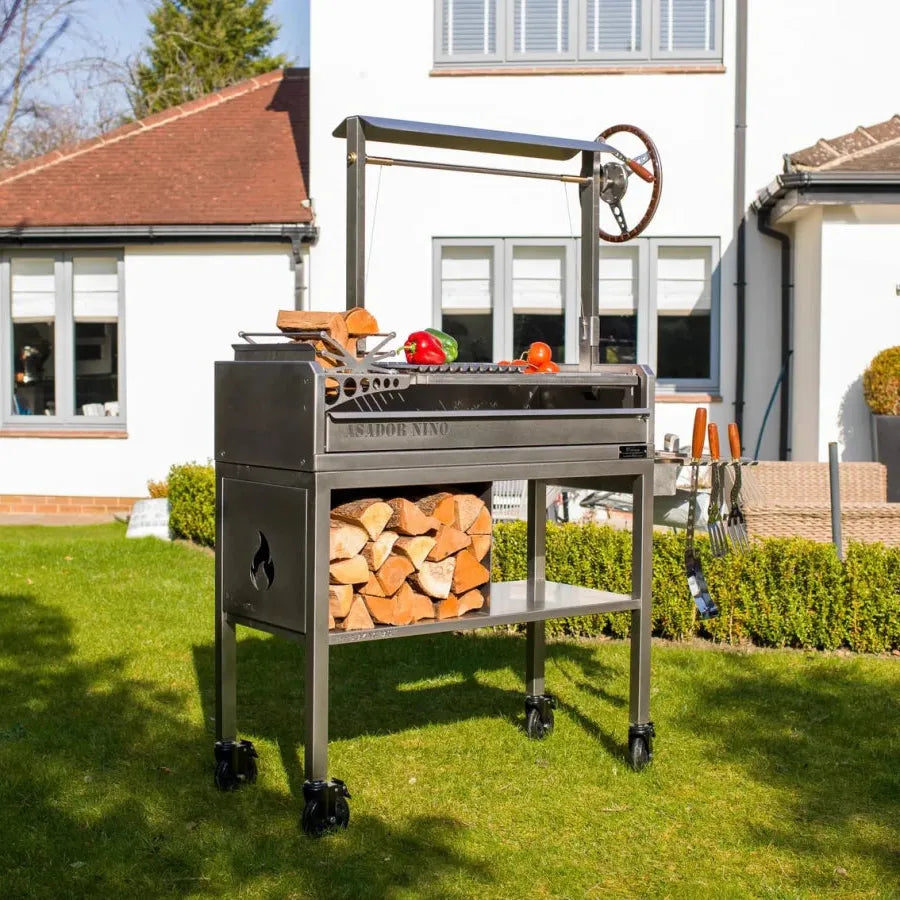 Metartal Asador Nino Stainless Steel Stand on Castors with Log Storage Area in Chrome