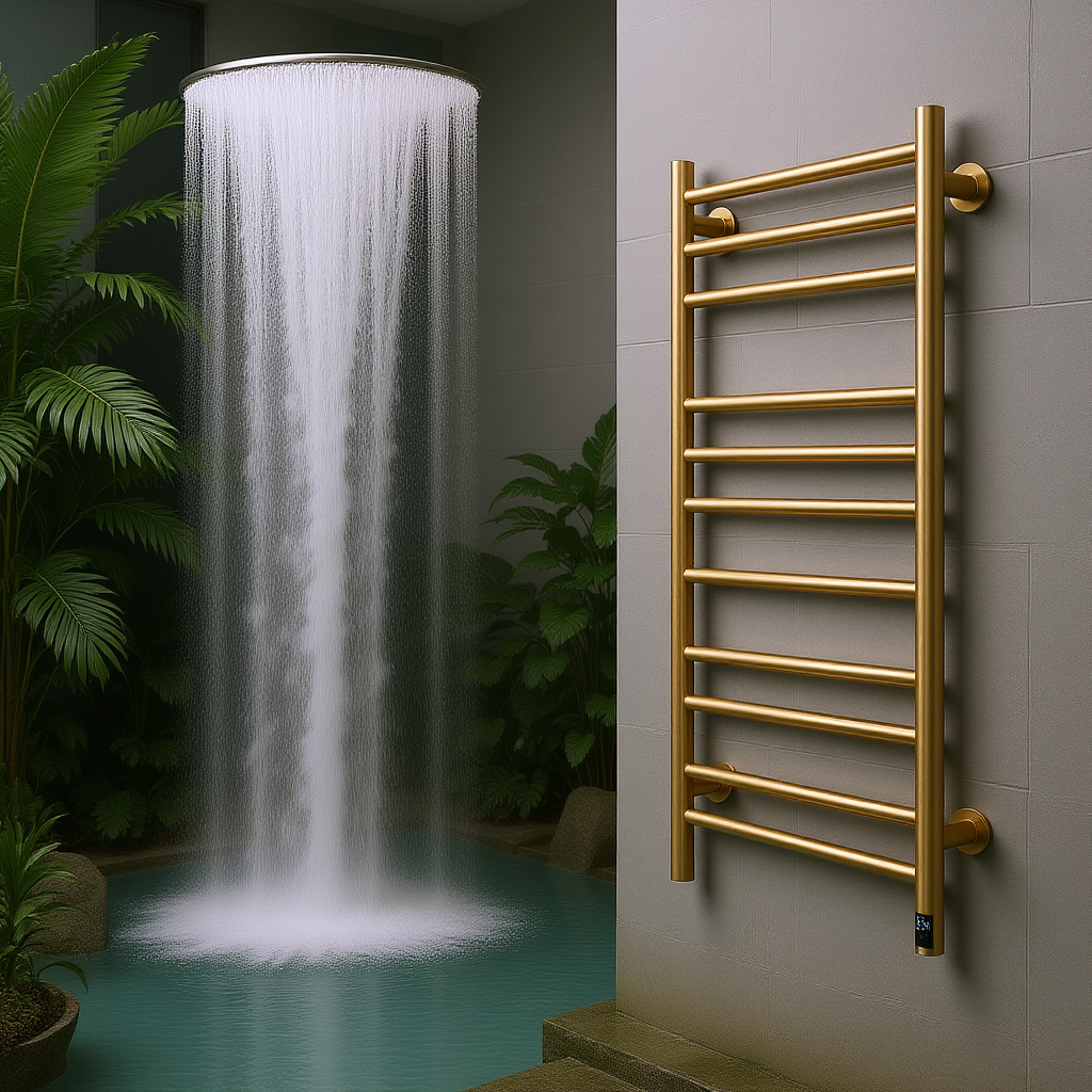Reina Arnage Dry Electric Stainless Steel Brushed Brass Towel Radiator | 1 colour, 2 sizes