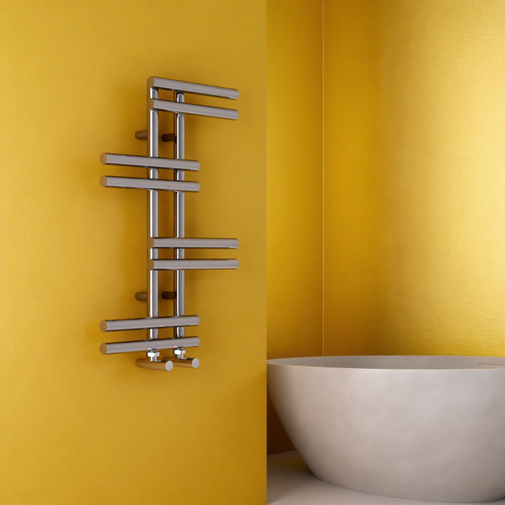 Metal towel radiator against a yellow wall with a white bathtub.