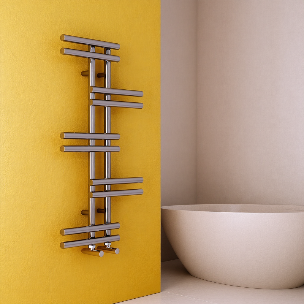Metal towel radiator against a yellow wall with a white bathtub.