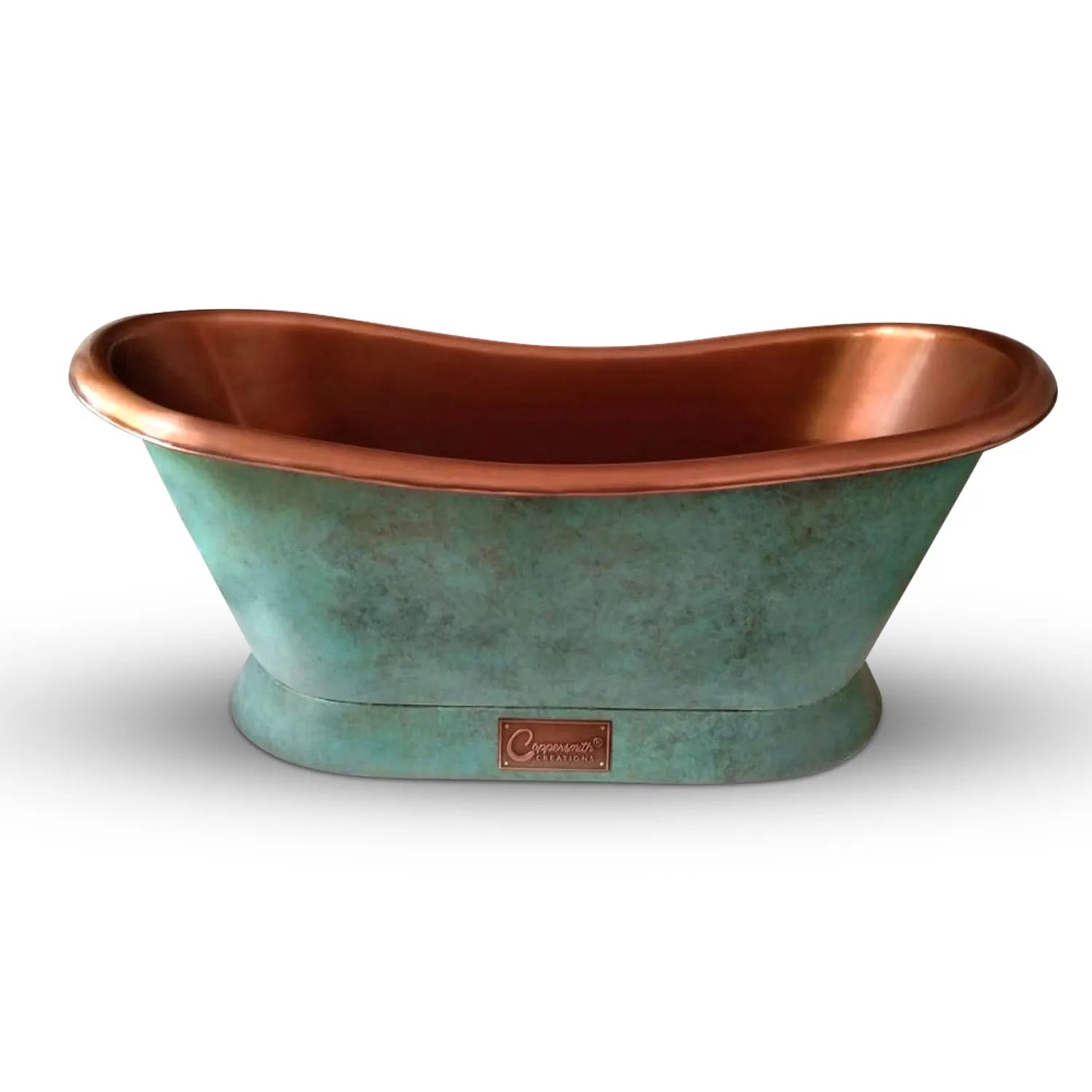 Coppersmith Creations Copper Freestanding Bathtub Turquoise Patina Slanting Base Copper Interior