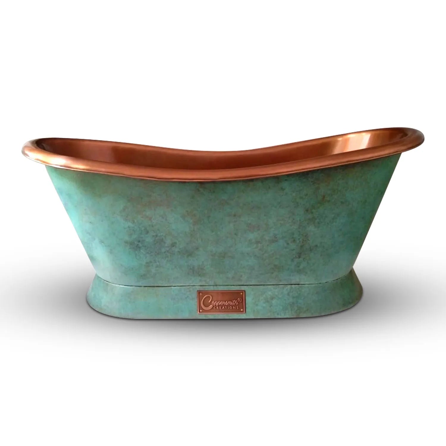 Coppersmith Creations Copper Freestanding Bathtub Turquoise Patina Slanting Base Copper Interior