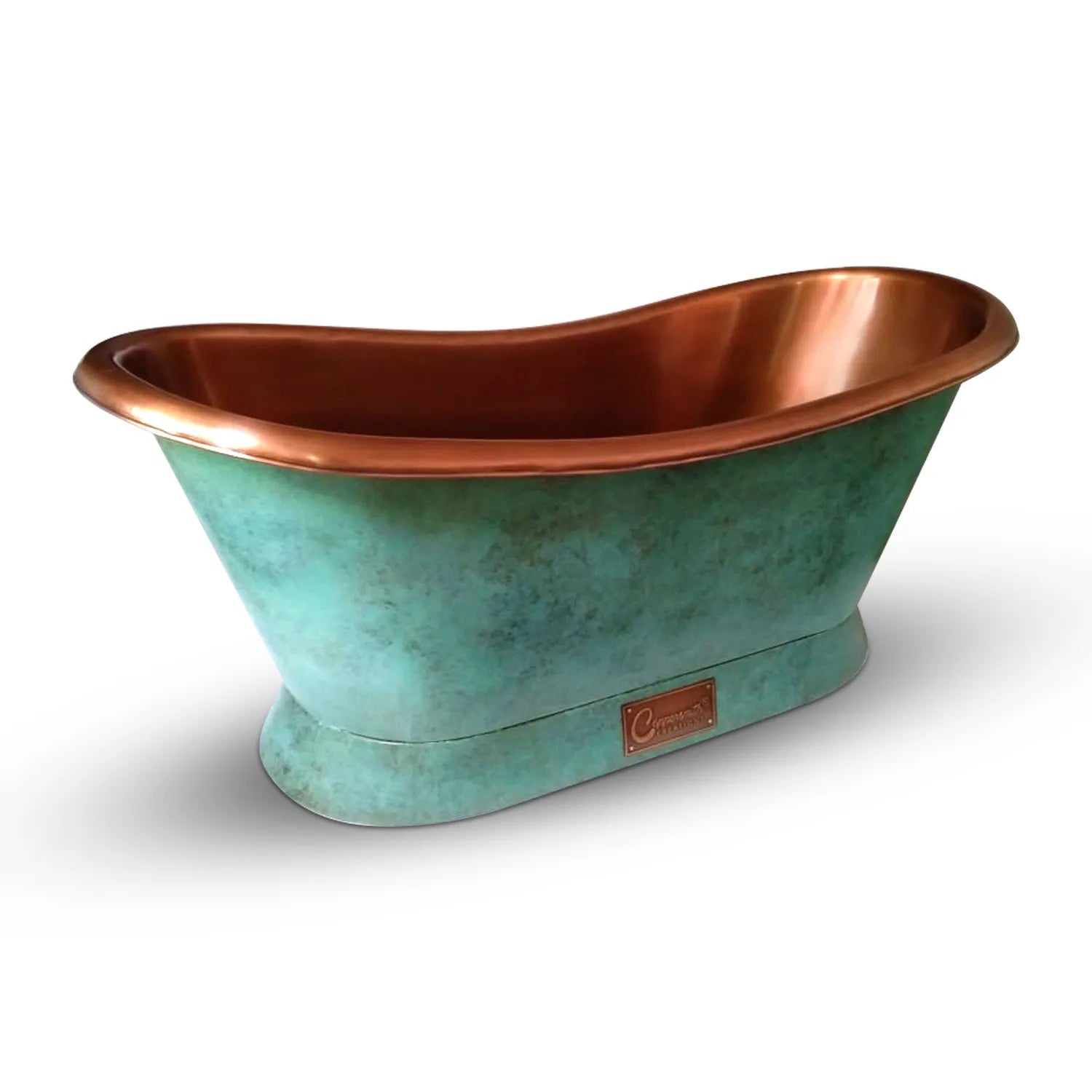 Coppersmith Creations Copper Freestanding Bathtub Turquoise Patina Slanting Base Copper Interior