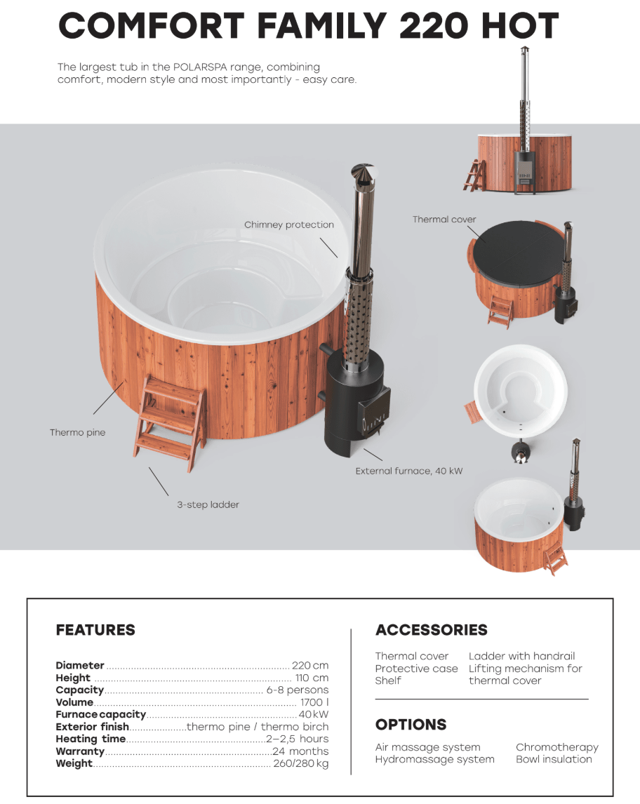 Polar Spa Comfort Family Size Wood Fired Hot Tub & Cold Plunge in Thermo Pine Light