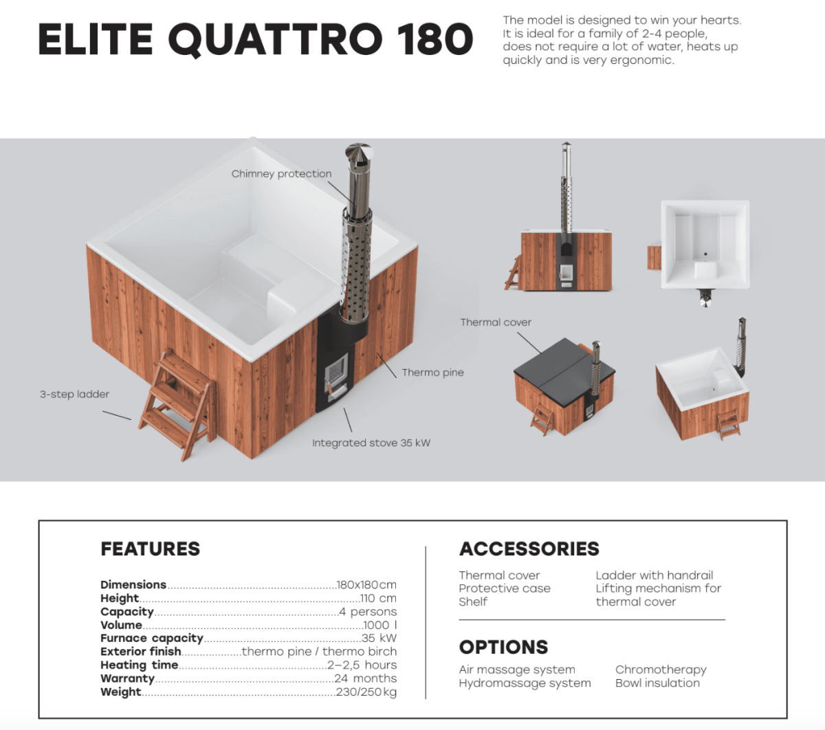 Polar Spa Elite Quattro 180 Wood Fired Hot Tub & Cold Plunge (2 - 4 People) in Thermo Pine Dark